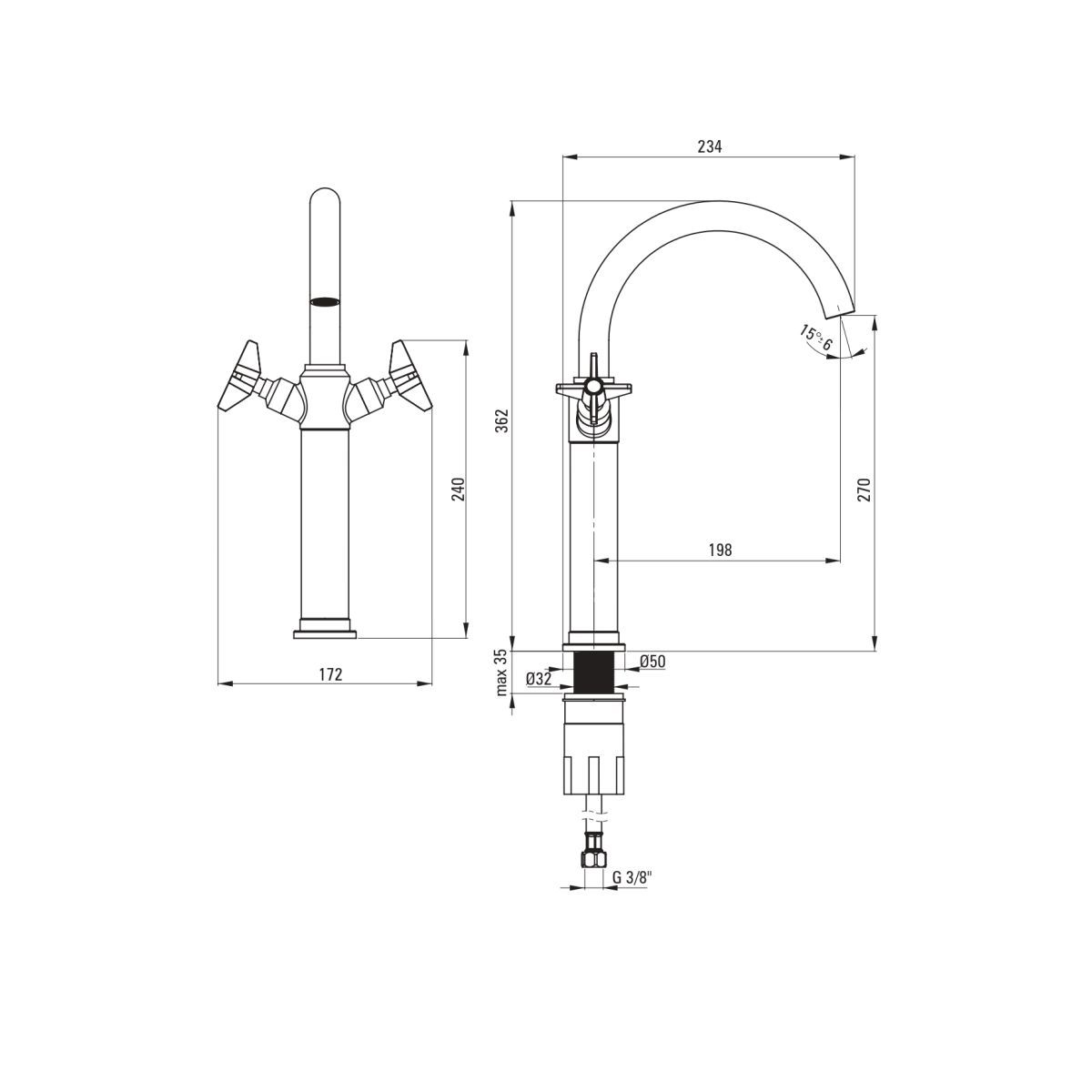 Robinet mitigeur de lavabo surélevé en laiton brossé Deante Temisto 270 avec cartouche en céramique et bec réglable.
