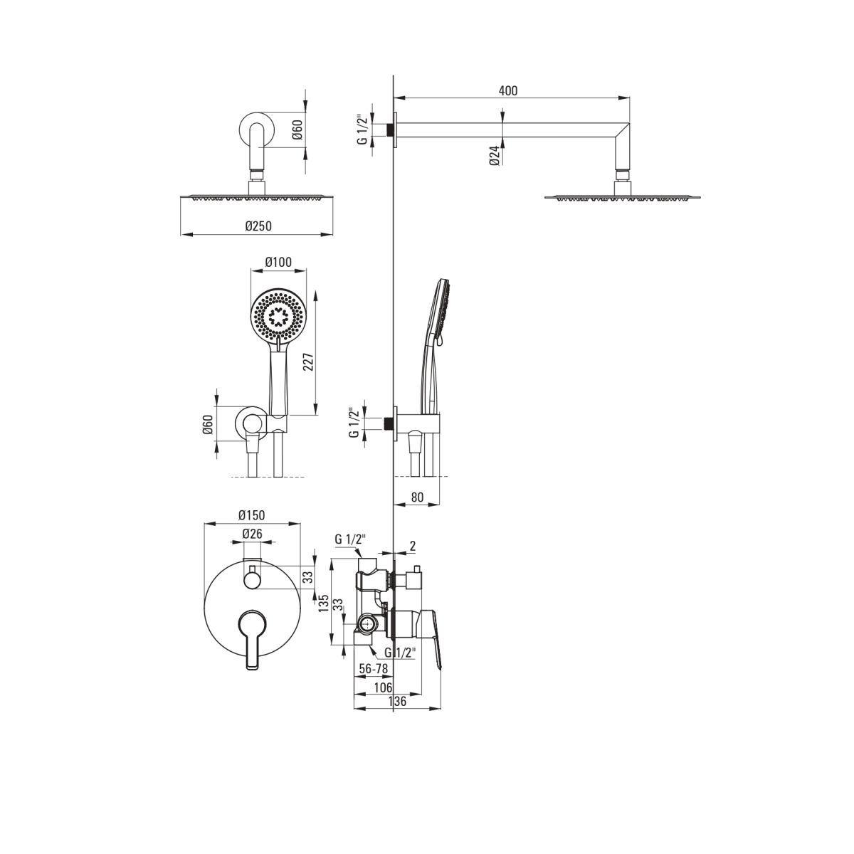 Ensemble de douche encastré Deante Arnika 250 en PVD or brossé - vue 7