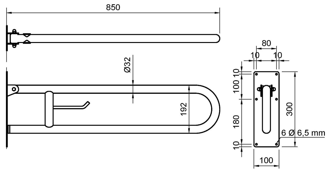 Barre d'appui rabattable 85 cm avec porte rouleau papier hygiénique pour personnes à mobilité réduite Nofer en chromé satiné