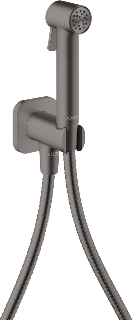 Douchette hygiénique pour WC Axor softsquare en noir chromé brossé pour eau froide avec support et flexible