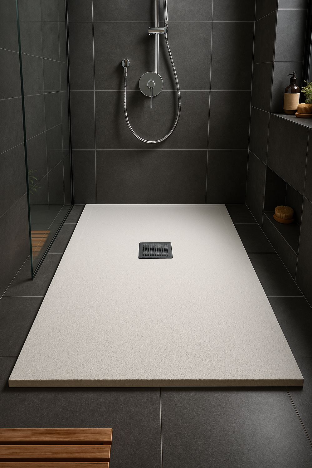 Receveur rectangulaire Vulcanite extra-plat et anti-dérapant (120 à 150 cm) x 80 cm avec grille en Marbryx® ou en Inox et vidage