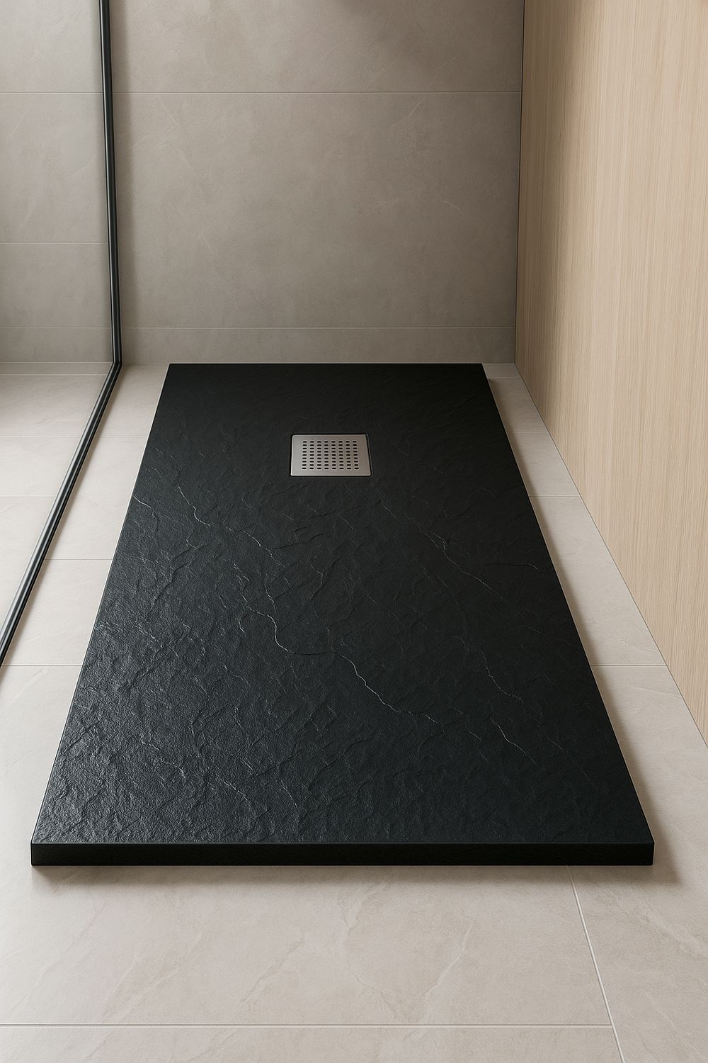 Receveur rectangulaire Ardoisé extra-plat et anti-dérapant 100 x 80 cm ou 120 x 80 cm avec grille en Marbryx® ou Inox et vidage