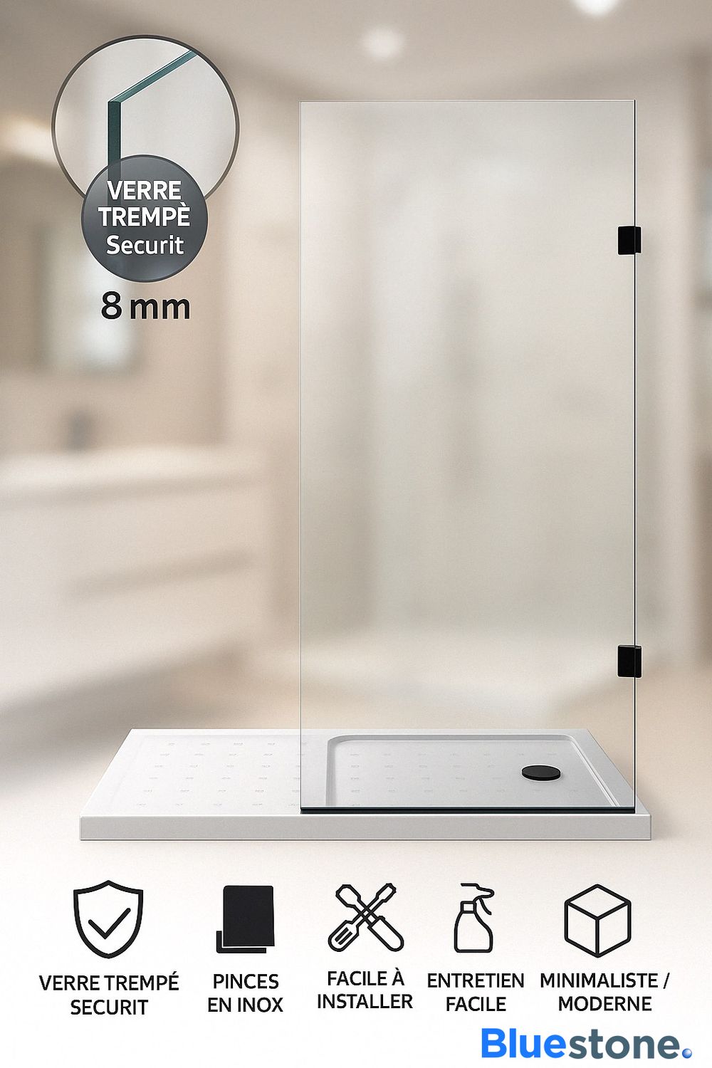 Paroi de douche Innovativ en verre trempé (Securit) d&#39;épaisseur 8 mm avec pinces noires