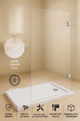 Paroi de douche Innovativ en verre trempé (Securit) d&#39;épaisseur 8 mm avec pinces en acier inoxydable chromé