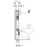 Cadre de support de toilette mural Geberit Duofix Sigma 12cm avec schéma des dimensions et des spécifications techniques.