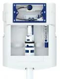 Cadre de support de toilette mural Geberit Duofix Sigma 12cm blanc et bleu avec composants internes visibles.