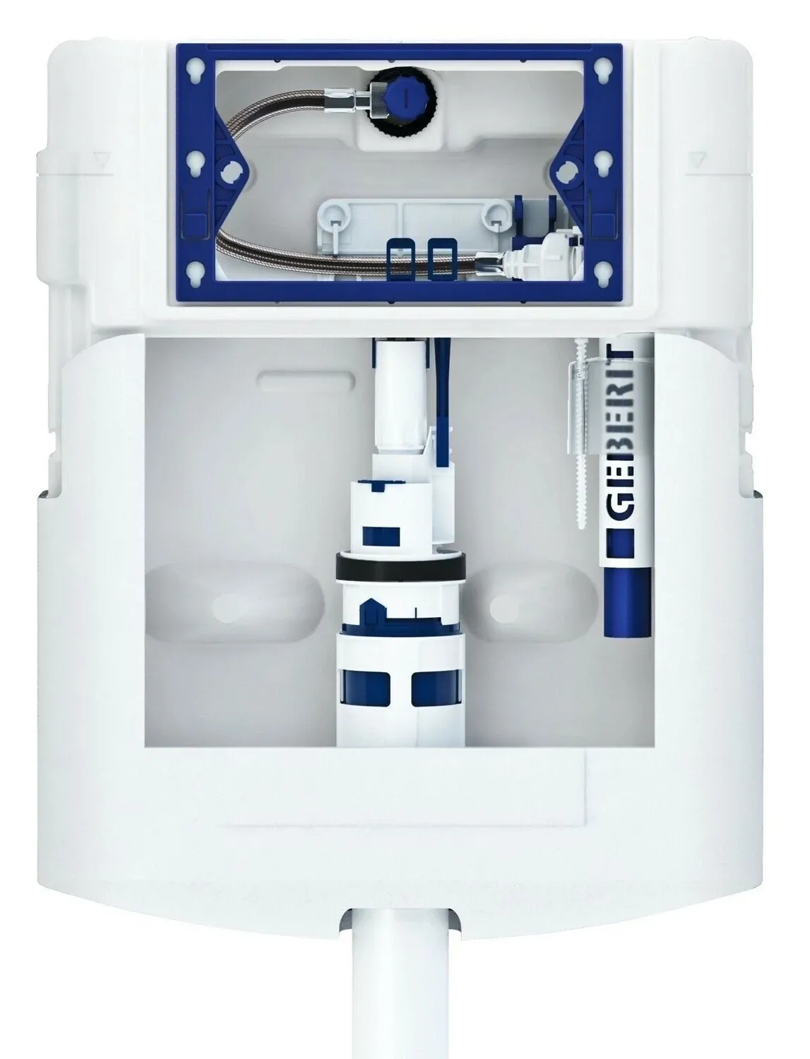 Cadre de support de toilette mural Geberit Duofix Sigma 12cm blanc et bleu avec composants internes visibles.