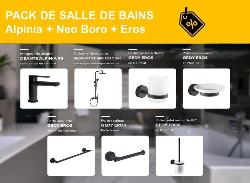 PACK : mitigeur de lavabo Deante Alpinia 95 sans bonde en noir mat, colonne de douche Deante Boro 200 avec mitigeur mécanique en noir mat et série Eros noir mat