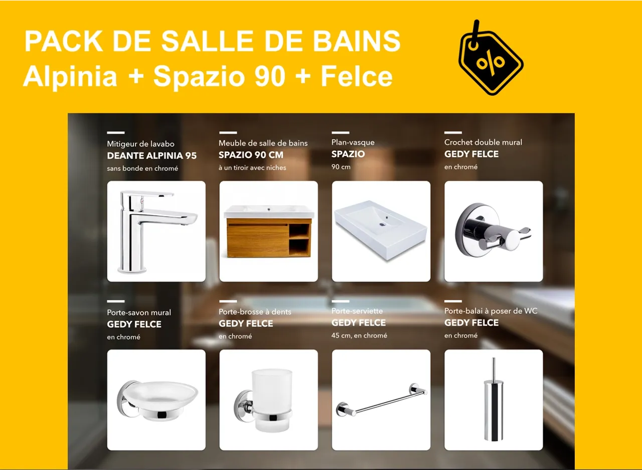 PACK : mitigeur de lavabo Deante Alpinia 95 sans bonde en chromé, meuble de salle de bains Spazio 90 cm hydrofuge à un tiroir avec niches et série Felce chromé