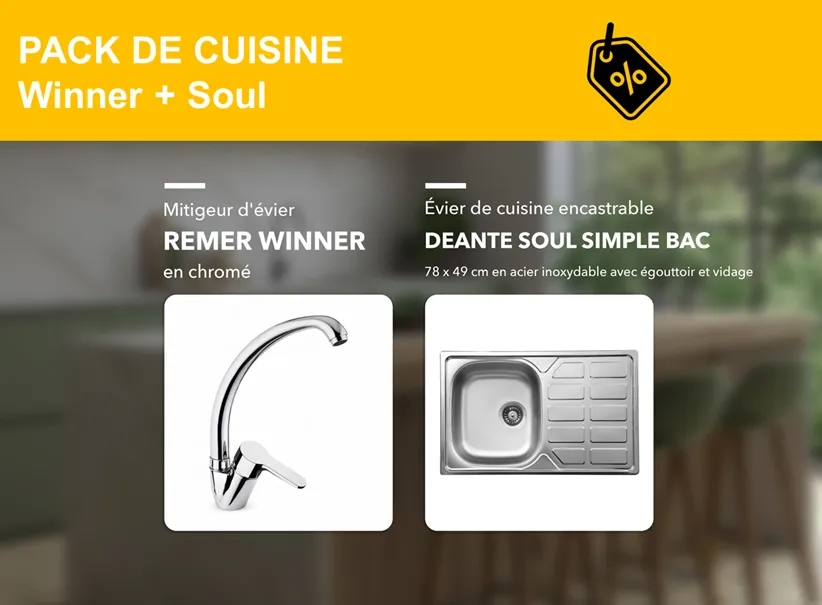 PACK : mitigeur de cuisine Remer et évier de cuisine encastrable Deante Soul 78 x 49 cm​ en acier inoxydable simple bac avec égouttoir et vidage