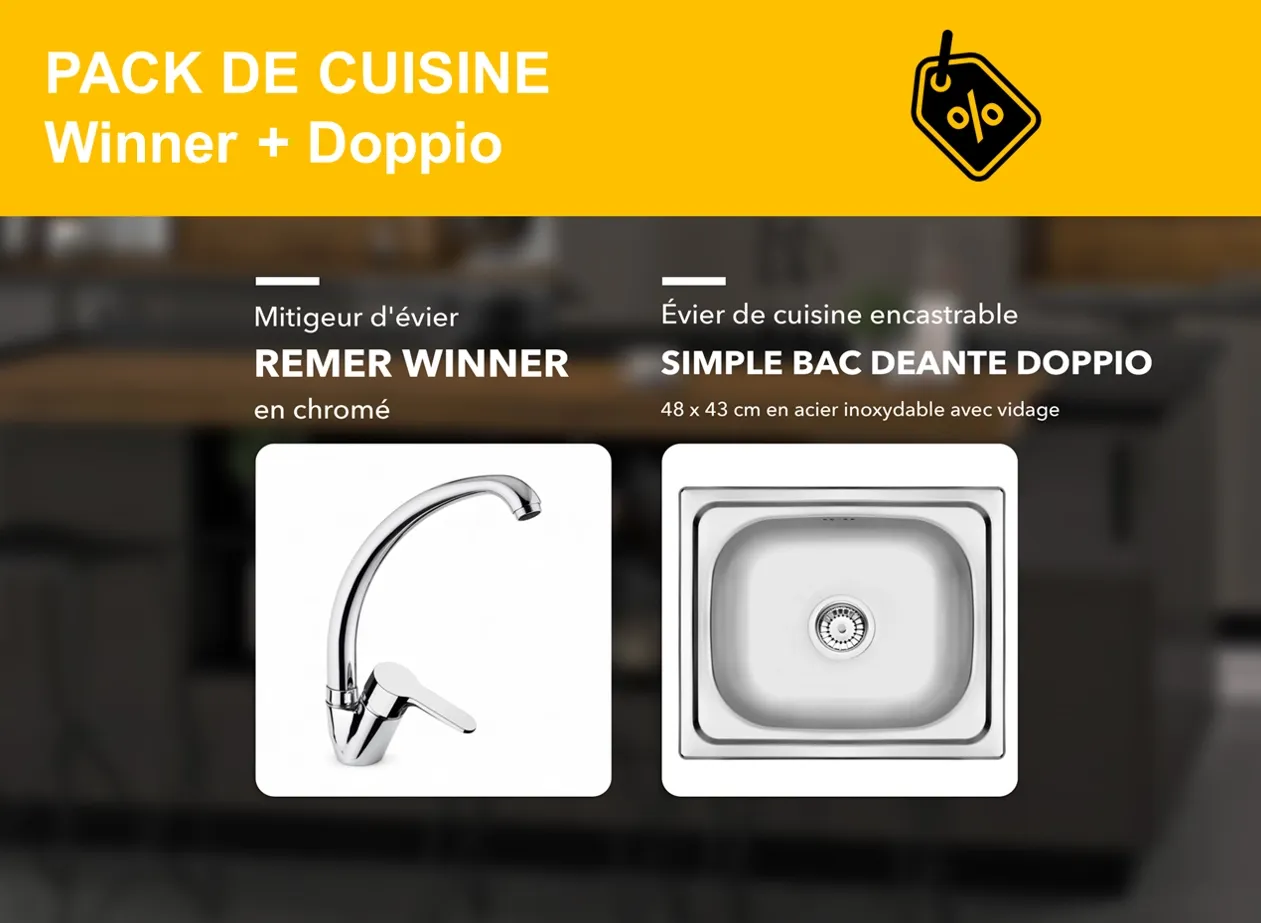 PACK : mitigeur de cuisine Remer, évier de cuisine encastrable simple bac​ Deante Doppio 48 x 43 cm en acier inoxydable avec vidage