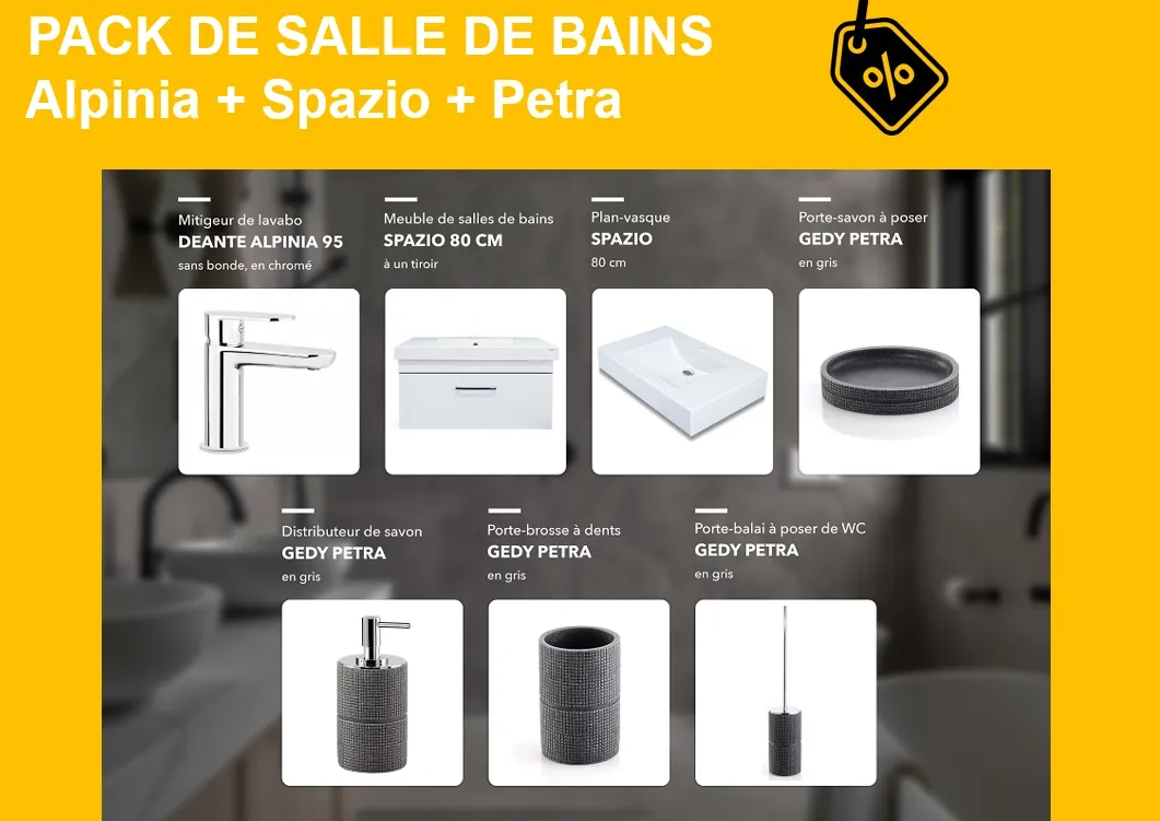 PACK : mitigeur de lavabo Deante Alpinia 95 sans bonde en chromé, meuble de salle de bains Spazio 80 cm High Gloss à un tiroir et série Petra