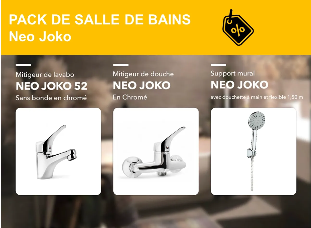 PACK : mitigeur de lavabo, mitigeur de douche et support mural Neo Joko