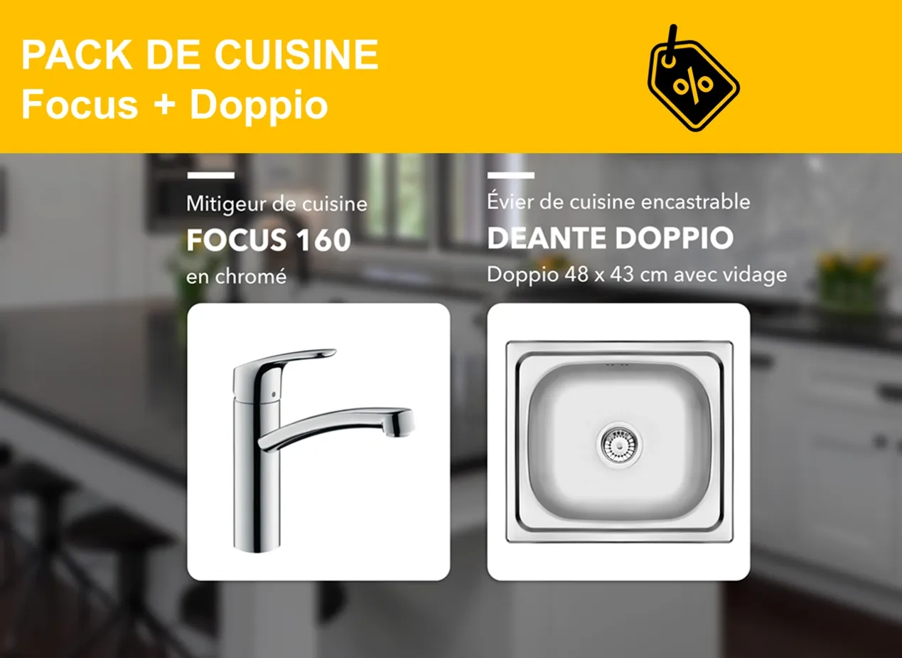 PACK : mitigeur de cuisine Hansgrohe Focus 160 et évier de cuisine encastrable simple bac​ Deante Doppio 48 x 43 cm en acier inoxydable avec vidage