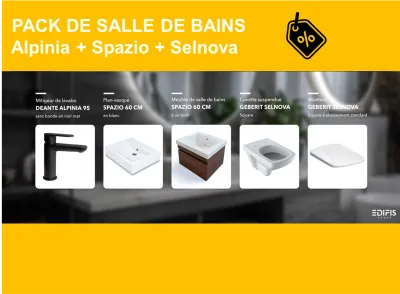 PACK : mitigeur de lavabo Alpini 95 noir mat, pack meuble de salle de bain Spazio 60 et cuvette suspendue Selnova avec abattant standard