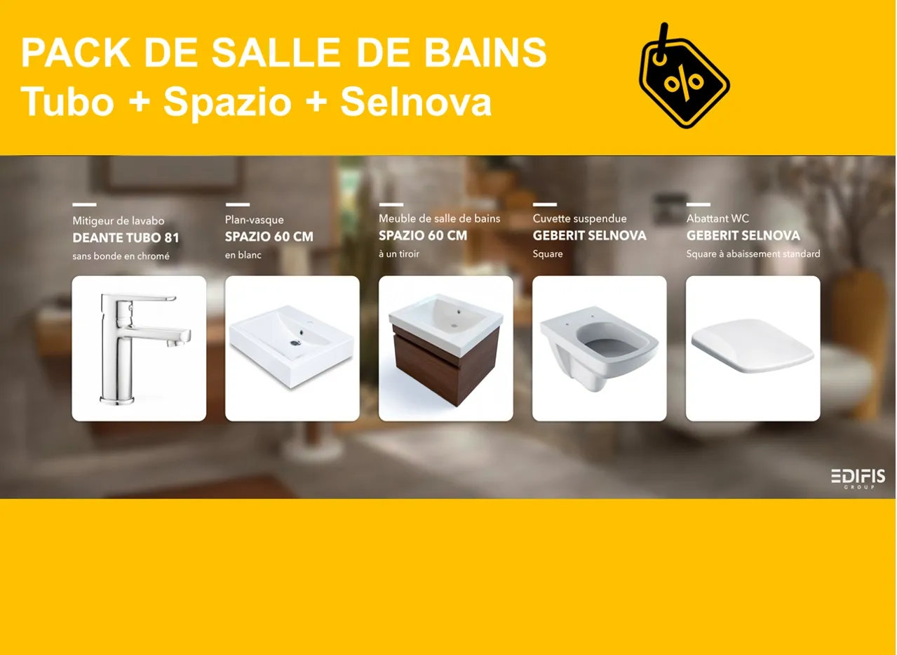PACK : mitigeur de lavabo Tubo 81, pack meuble de salle de bain Spazio 60 et cuvette suspendue Selnova avec abattant standard