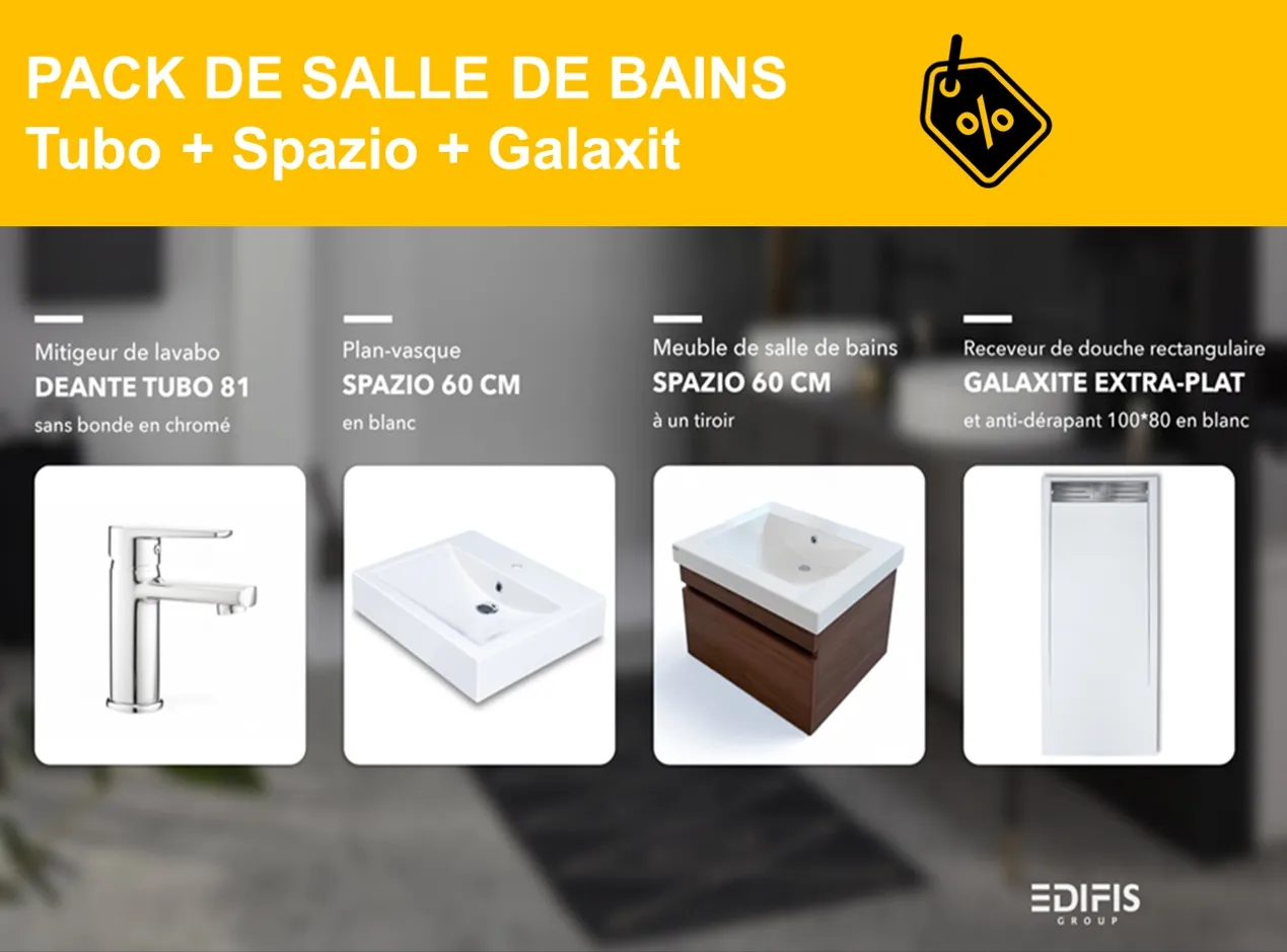 PACK : mitigeur de lavabo Tubo 81, pack meuble de salle de bain Spazio 60 et receveur de douche Galaxit 100 x 80 cm anti-dérapant