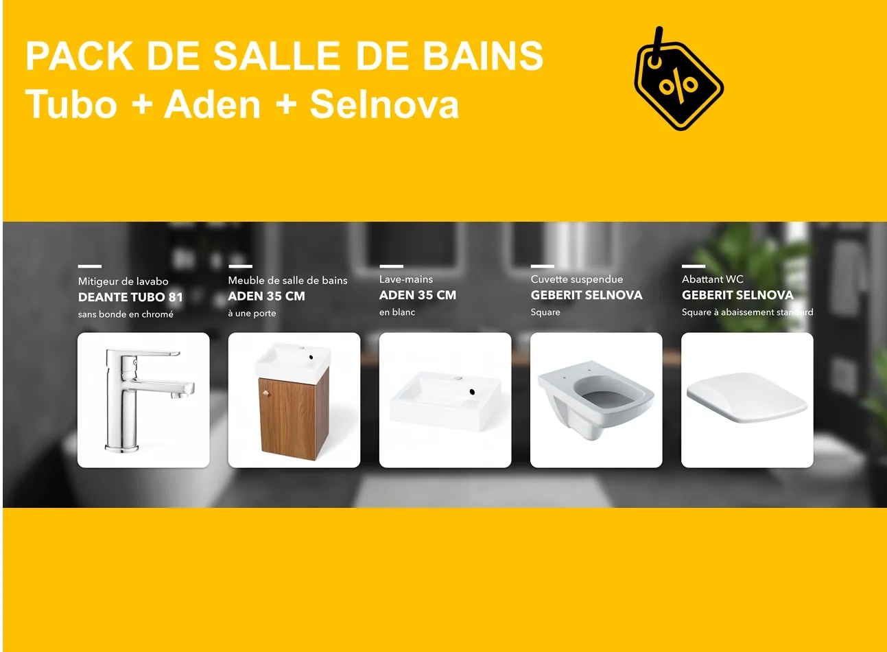 PACK: Tubo 81 basin mixer, Aden cabinet and sink, and Selnova wall-hung toilet with standard seat