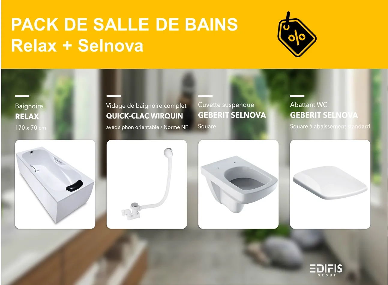 PACK : Baignoire Relax 170 x 70 cm avec vidage Wirquin clic-clac, cuvette suspendue Geberit Selnova avec abattant standard