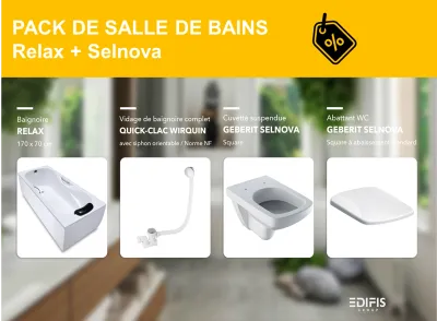 PACK : Baignoire Relax 170 x 70 cm avec vidage Wirquin clic-clac, cuvette suspendue Geberit Selnova avec abattant standard