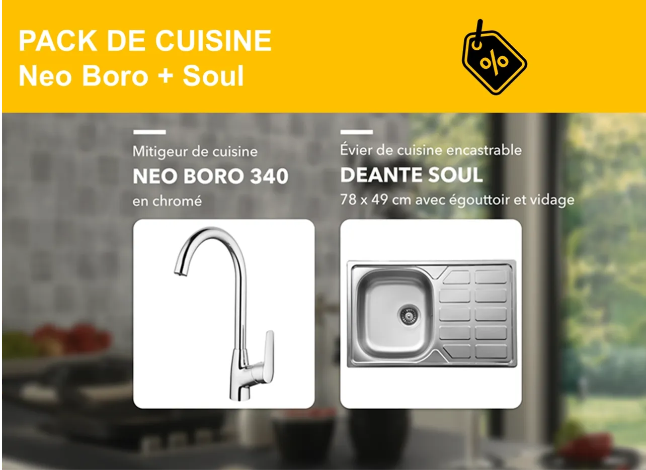 PACK : mitigeur de cuisine Deante Boro et évier de cuisine encastrable Deante Soul 78 x 49 cm​ en acier inoxydable simple bac avec égouttoir et vidage