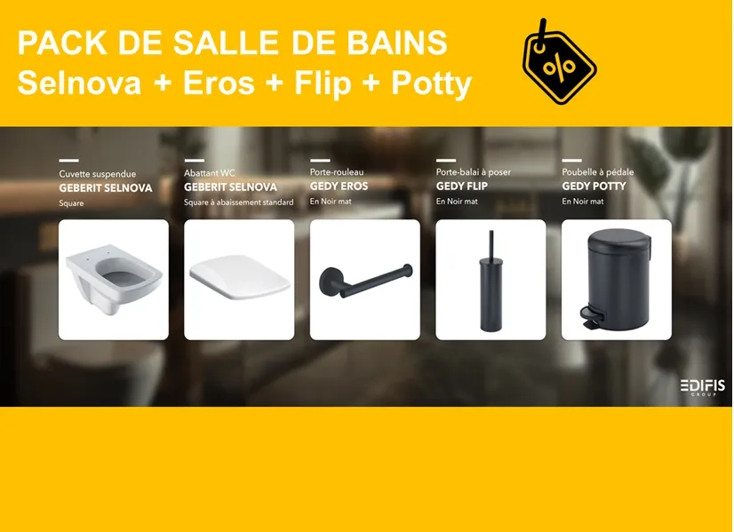 PACK : cuvette suspendue Selnova avec abattant standard, Porte-rouleau Eros, Porte-balai à poser de WC Flip et Poubelle à pédale Potty