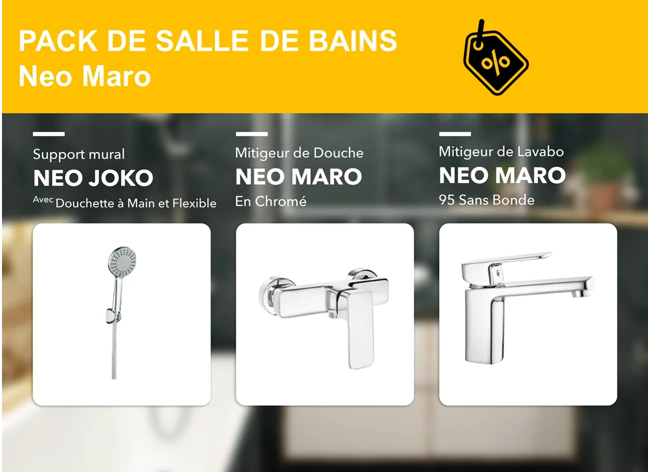 PACK: Neo Maro basin mixer, shower mixer, and wall bracket