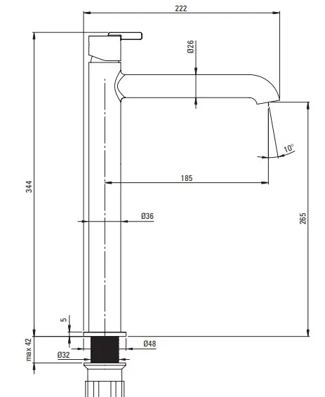 High-Arc Basin Mixer Deante Silia 265 without Drain in Matte Black