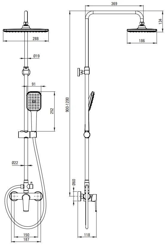Colonne de douche Deante Tubo 286 avec mitigeur de douche en chromé — vue 3