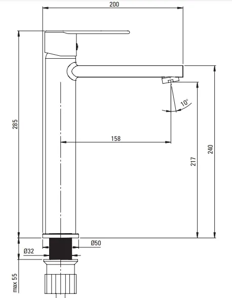 High Spout Basin Mixer Deante Tubo 217 without Waste in Chrome