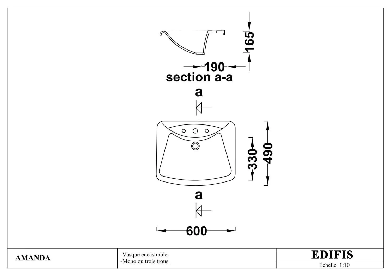 Vanity top Melody 92 cm with inset basin Amanda 60 cm — Product view 2