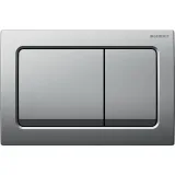 Plaque de commande double Geberit Alpha01 carrée, finition chrome mat, forme rectangulaire avec deux boutons.