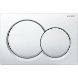 Plaque de commande double Geberit Alpha01 ronde blanche avec tiges de déclenchement insonorisées.