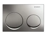 Plaque de chasse d'eau double ronde Geberit Alpha25, finition chrome mat, conception à deux boutons pour la commande de la chasse d'eau.