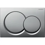 Plaque de commande double Geberit Alpha01 ronde, finition chrome mat, panneau de boutons rectangulaire avec deux boutons circulaires.