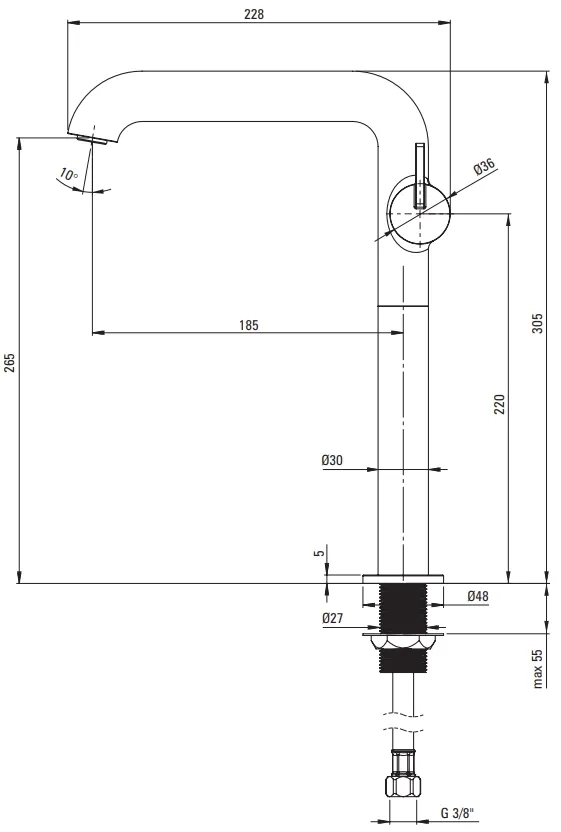 High Spout Bathroom Faucet Deante Silia 265 Without Drain in Matte Black