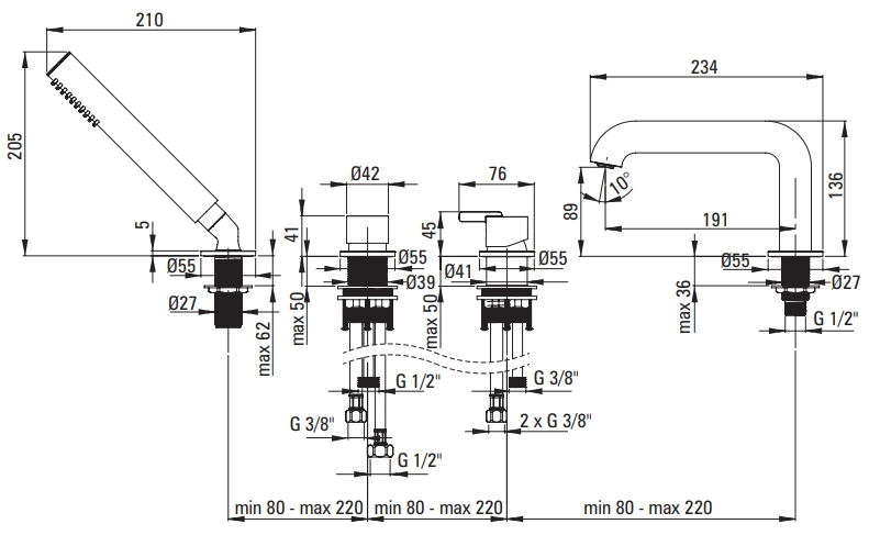 Mitigeur 4 trous pour montage sur bord de baignoire Deante Silia en noir mat - vue 3