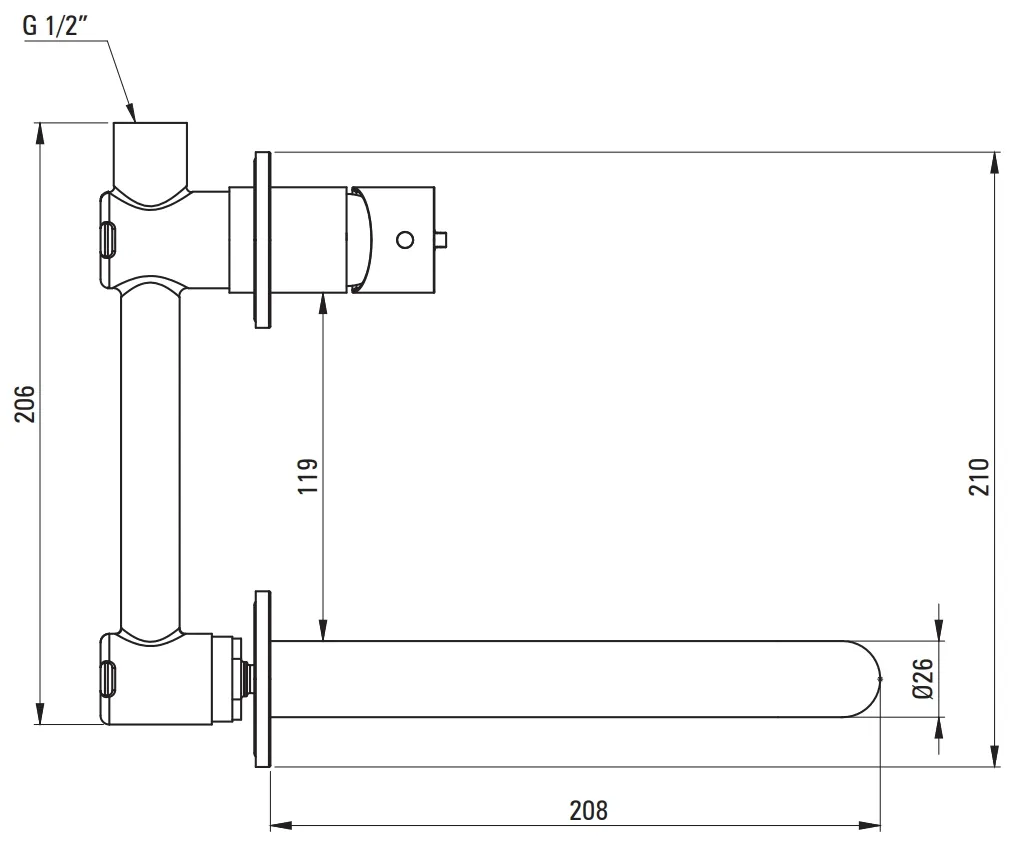 Dessin technique du mitigeur de lavabo mural Deante Silia 208 mm avec dimensions en noir et blanc.