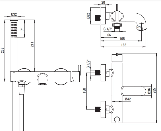 Mitigeur de bain / douche Deante Silia avec flexible et douchette à main en titane - vue 2