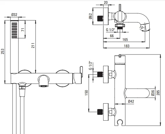 Schéma technique du mitigeur bain-douche Deante Silia avec dimensions et spécifications pour l'installation.