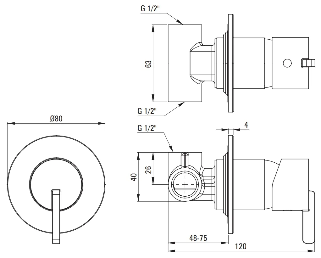 Mitigeur de douche encastré Deante Silia, chromé, 1 sortie, cartouche céramique, dimensions 080 x 63 mm.