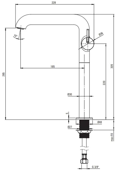 High Spout Basin Mixer Deante Silia 265 without Waste in Chrome