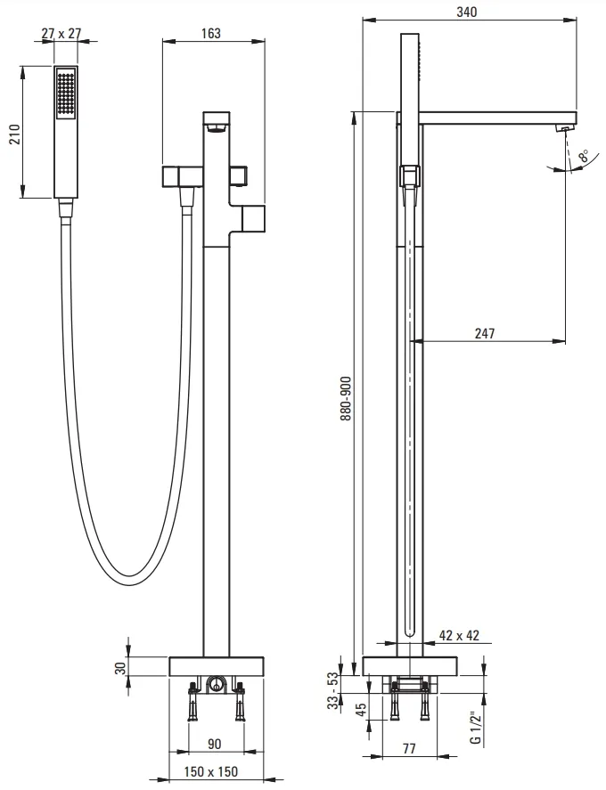 Bath / Shower Mixer Deante Blur for Floor Mounting in Chrome