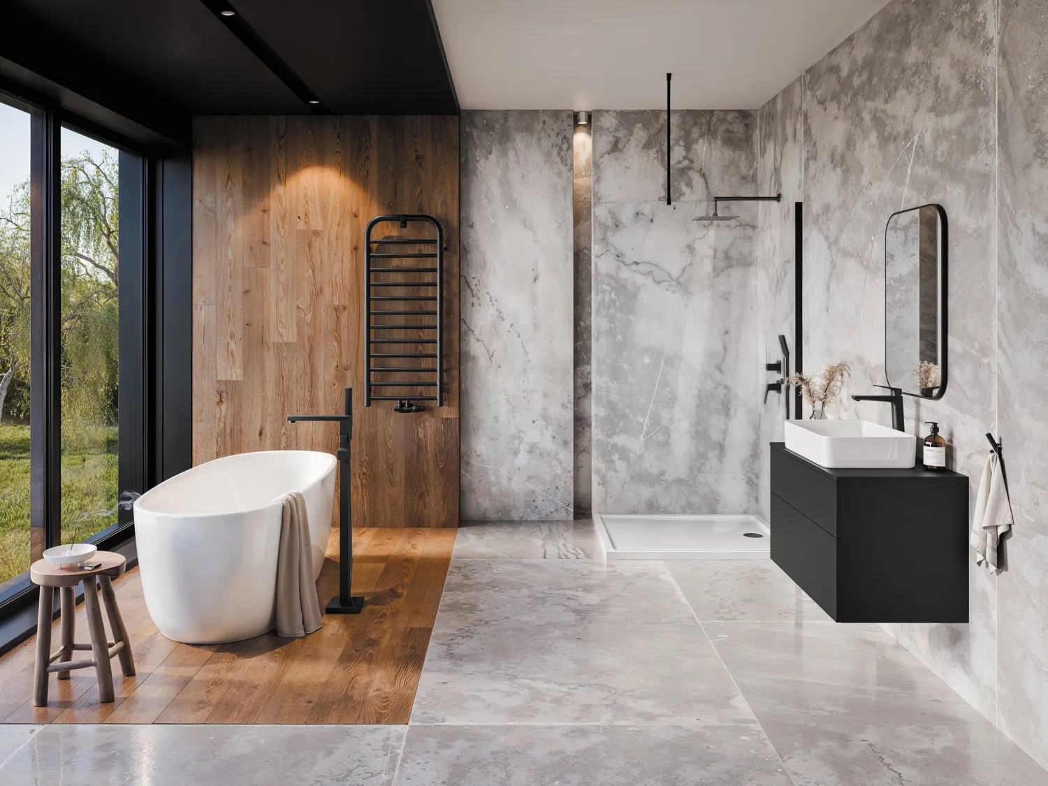 Robinet mitigeur de baignoire et de douche sur pied Deante Blur noir mat avec douchette et salle de bain moderne.