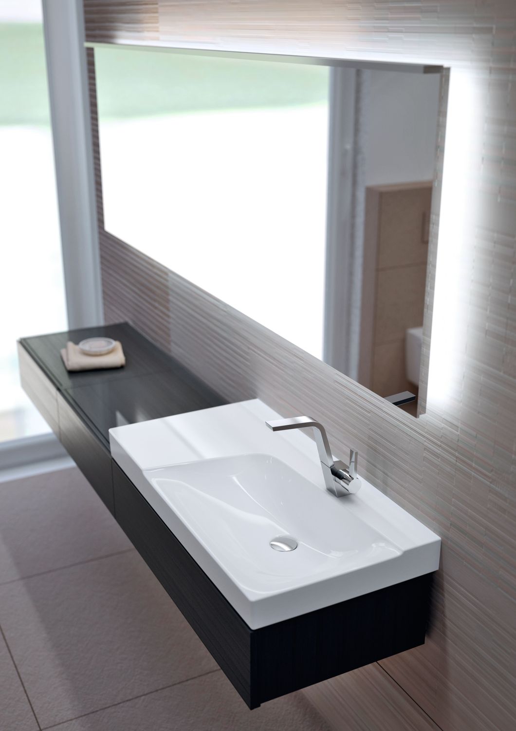 Plan-vasque Geberit Xeno² 90 cm avec espace de rangement à gauche et avec trou de robinetterie