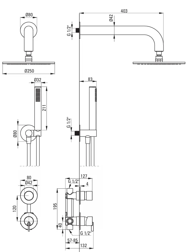 Schéma technique du système de douche Deante Silia 250 avec dimensions et spécifications pour l'installation.
