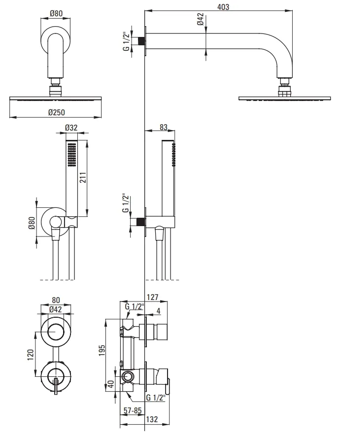 Schéma technique du système de douche Deante Silia 250 titane avec dimensions et spécifications incluses.