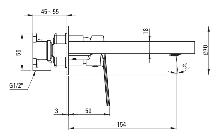 Dessin technique du mitigeur de lavabo mural Deante Alpinia 154 mm avec dimensions et spécifications.