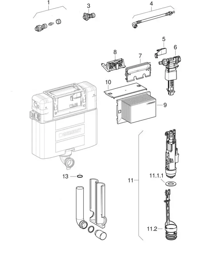Ensemble des pièces détachées | Réservoir encastré Geberit Alpha 12 cm Kombifix et Duofix