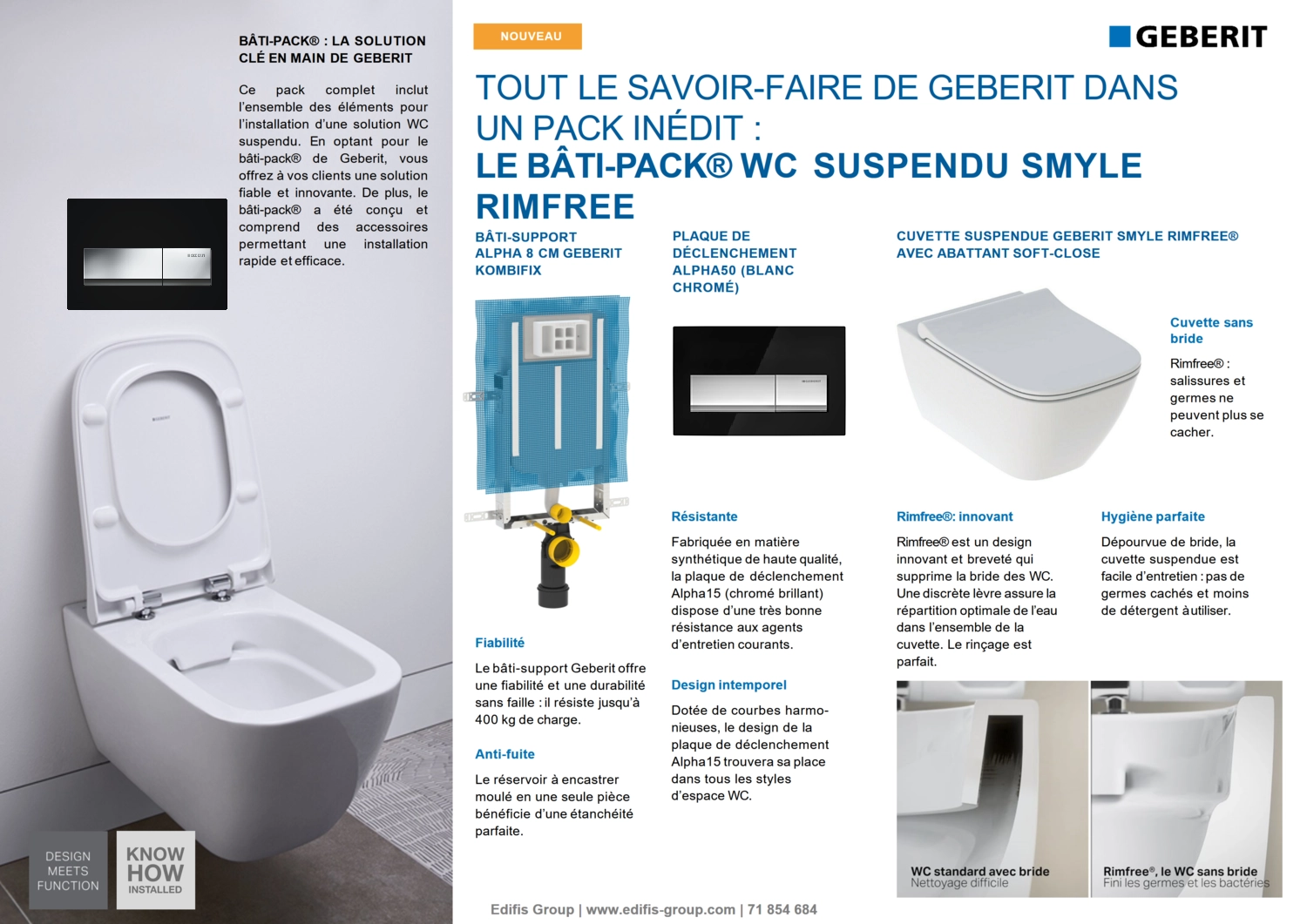 Bâti-pack® WC suspendu Geberit Smyle Rimfree avec plaque design Alpha 50 - vue 2